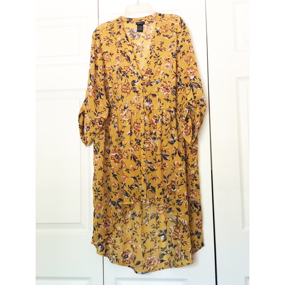 torrid Dresses & Skirts - Torrid Mustard with Blue Floral Pattern Hi-Lo Button Front Dress